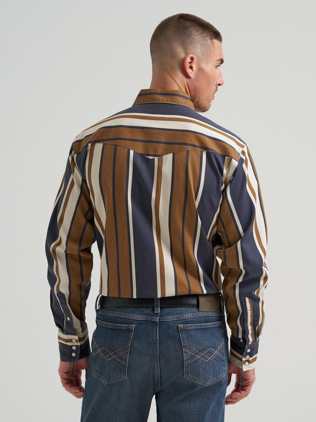 Wrangler® Vintage Inspired Brushpopper Long Sleeve Shirt - Classic Fit - Brown/Blue Stripe - 112385789 - Double C Western SupplyWrangler