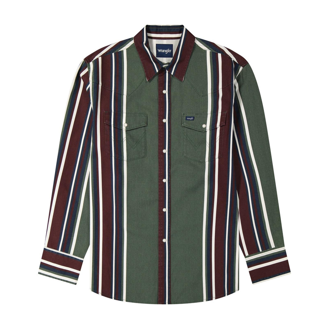 Wrangler® Vintage Inspired Brushpopper Long Sleeve Shirt - Classic Fit - Green Multi Stripe - 112385788 - Double C Western SupplyWrangler