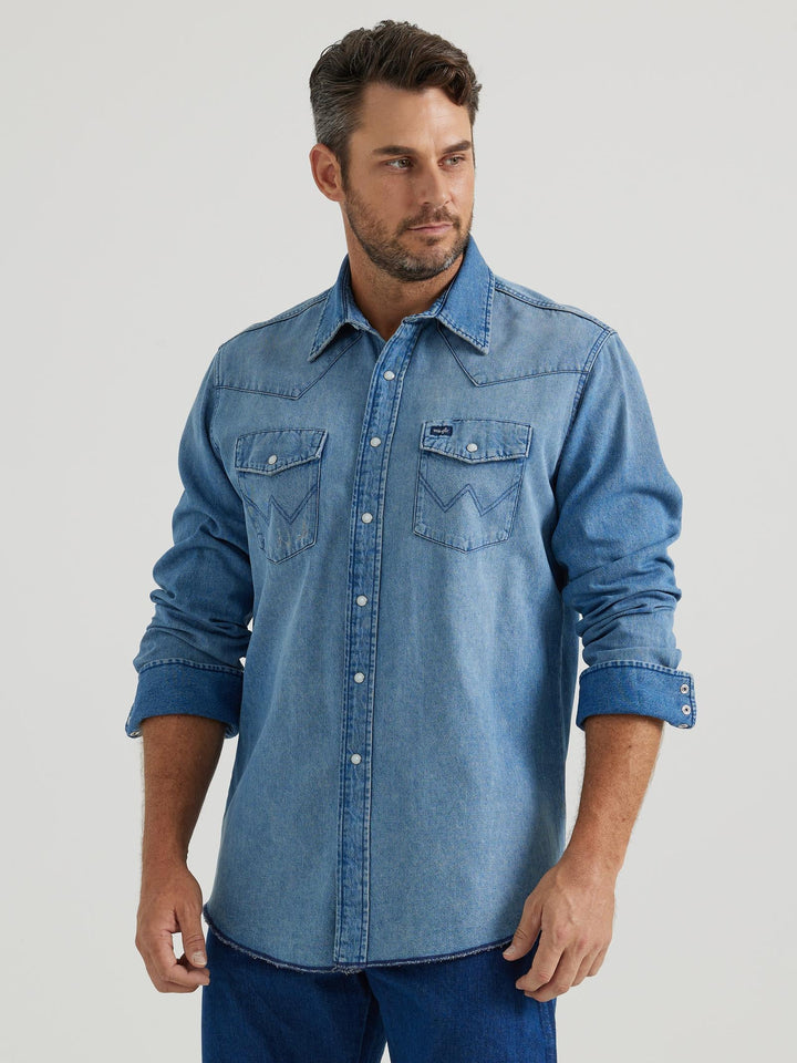 Wrangler® Vintage Inspired Long Sleeve Denim Shirt - Medium Wash - Double C Western SupplyWrangler