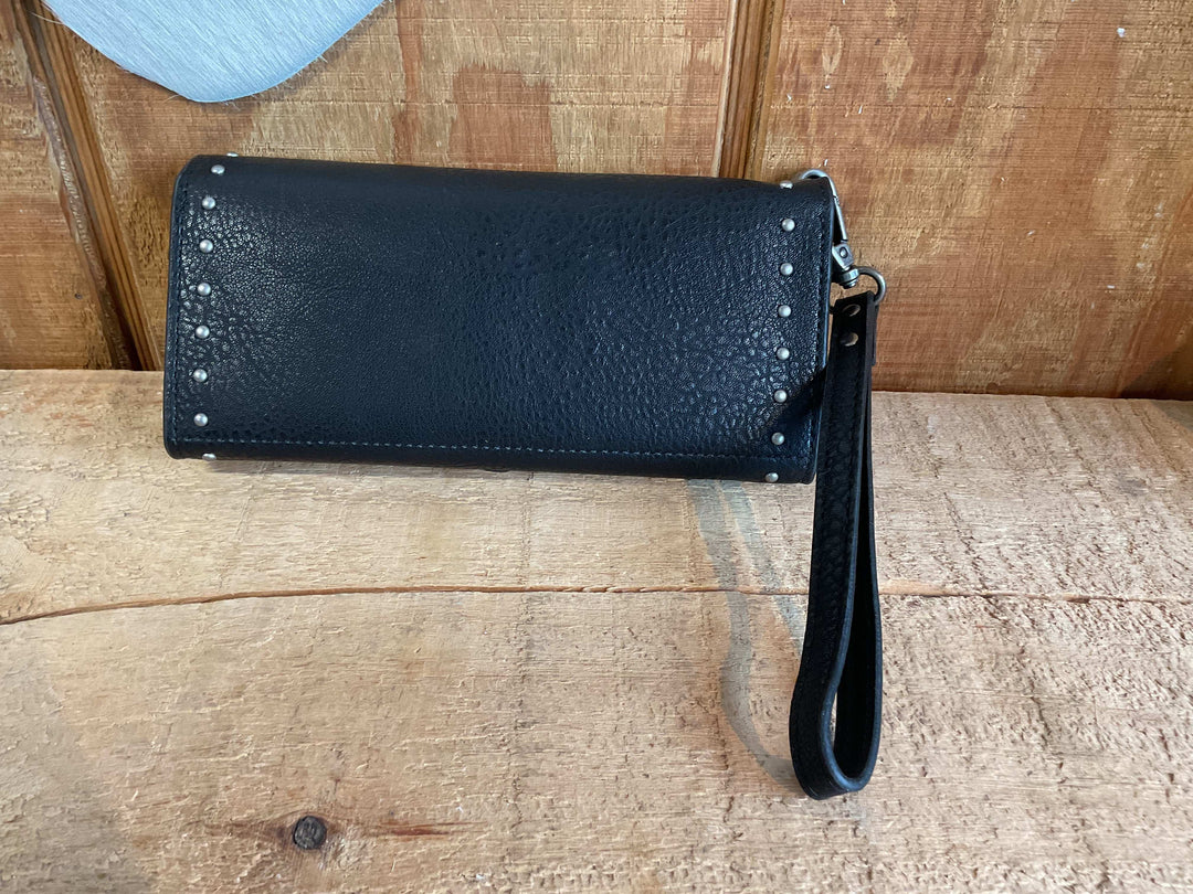 Wrangler Western Cow-Print Tri-fold RFID Wallet/Wristlet With Detachable Credit Card Holder WG195-W054BK/BR - Double C Western SupplyMontana West