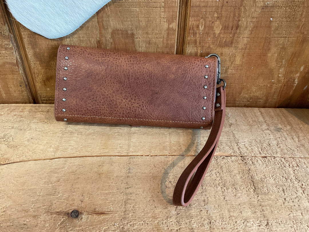 Wrangler Western Cow-Print Tri-fold RFID Wallet/Wristlet With Detachable Credit Card Holder WG195-W054BK/BR - Double C Western SupplyMontana West