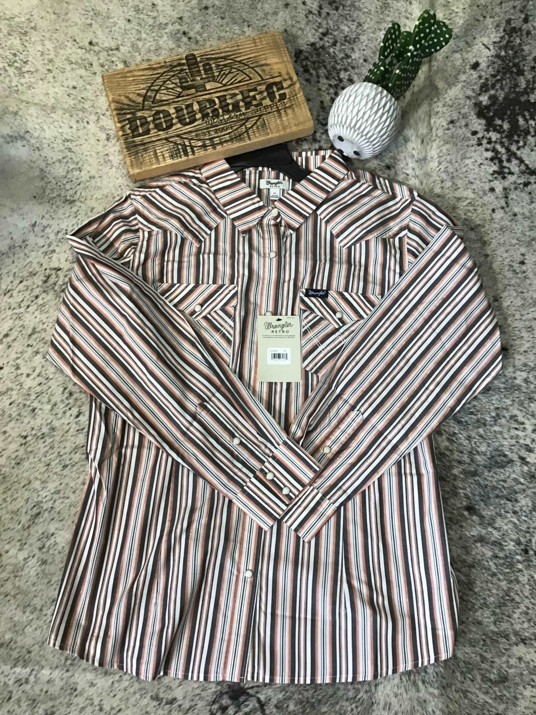 Wrangler Women's Metallic Pink Grey Stripe Slim Western Snap Shirt - Double C Western SupplyWrangler