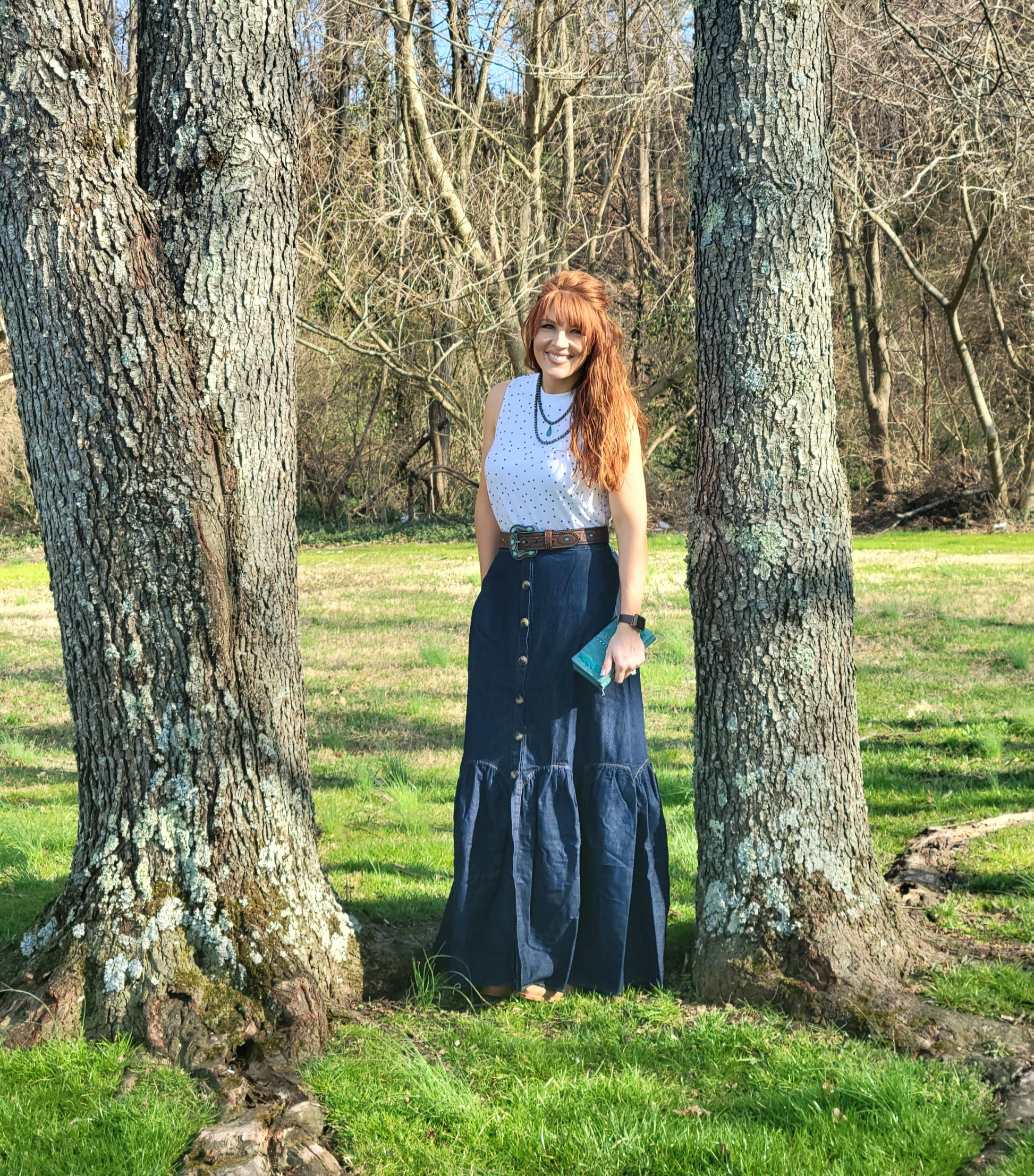 Denim Maxi Skirt W/Round Ruffles Skirts Double C Western Supply