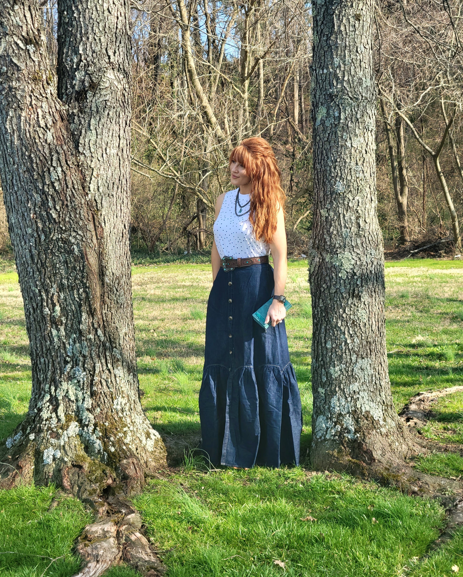 Denim Maxi Skirt W/Round Ruffles Skirts Double C Western Supply