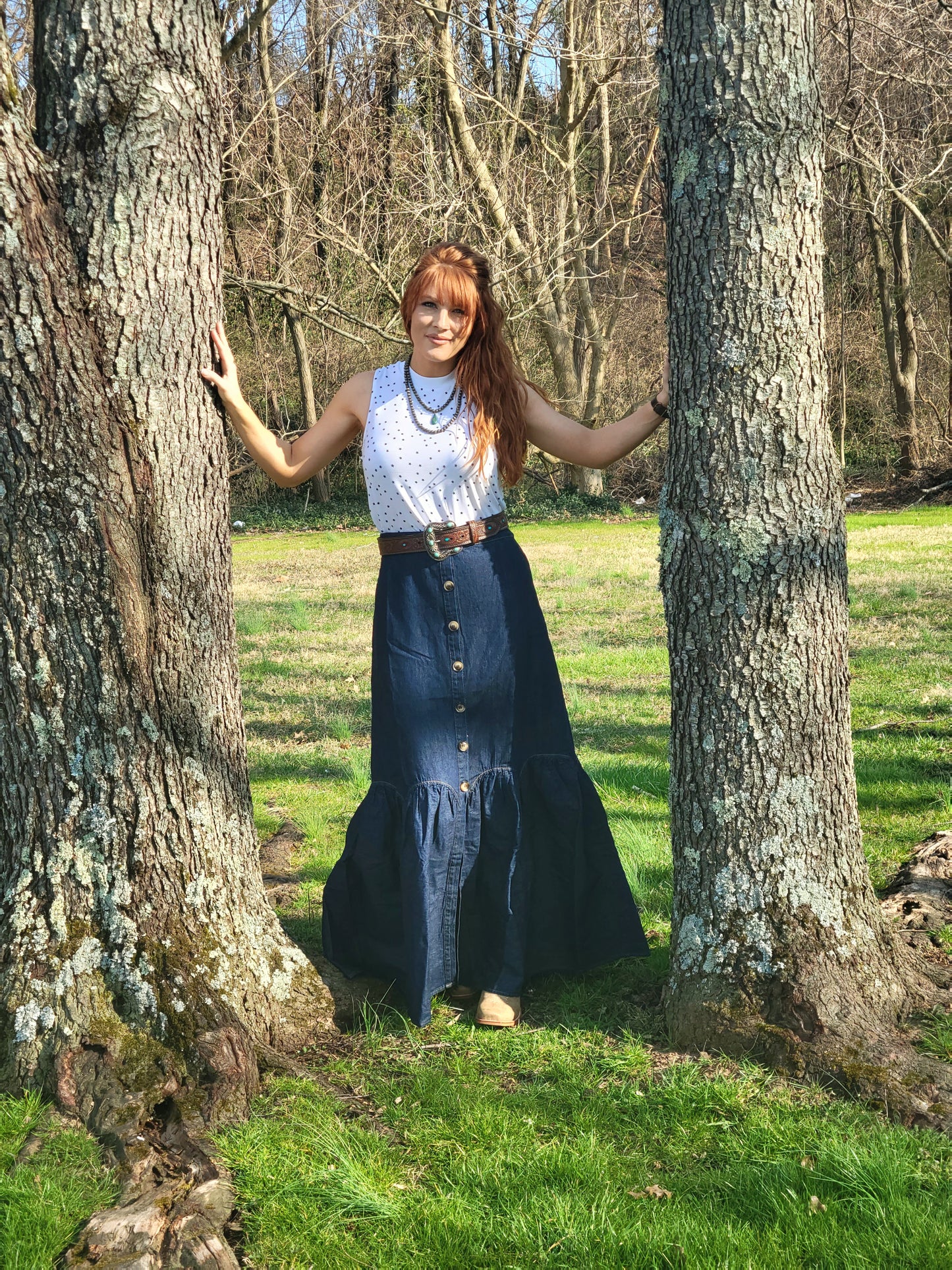 Denim Maxi Skirt W/Round Ruffles Skirts Double C Western Supply