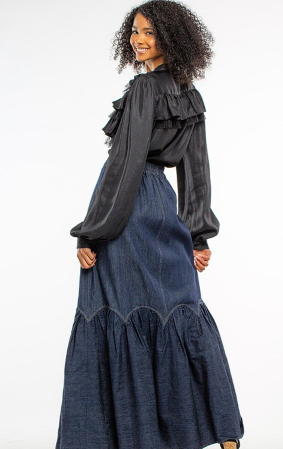 Denim Maxi Skirt W/Round Ruffles Skirts Double C Western Supply