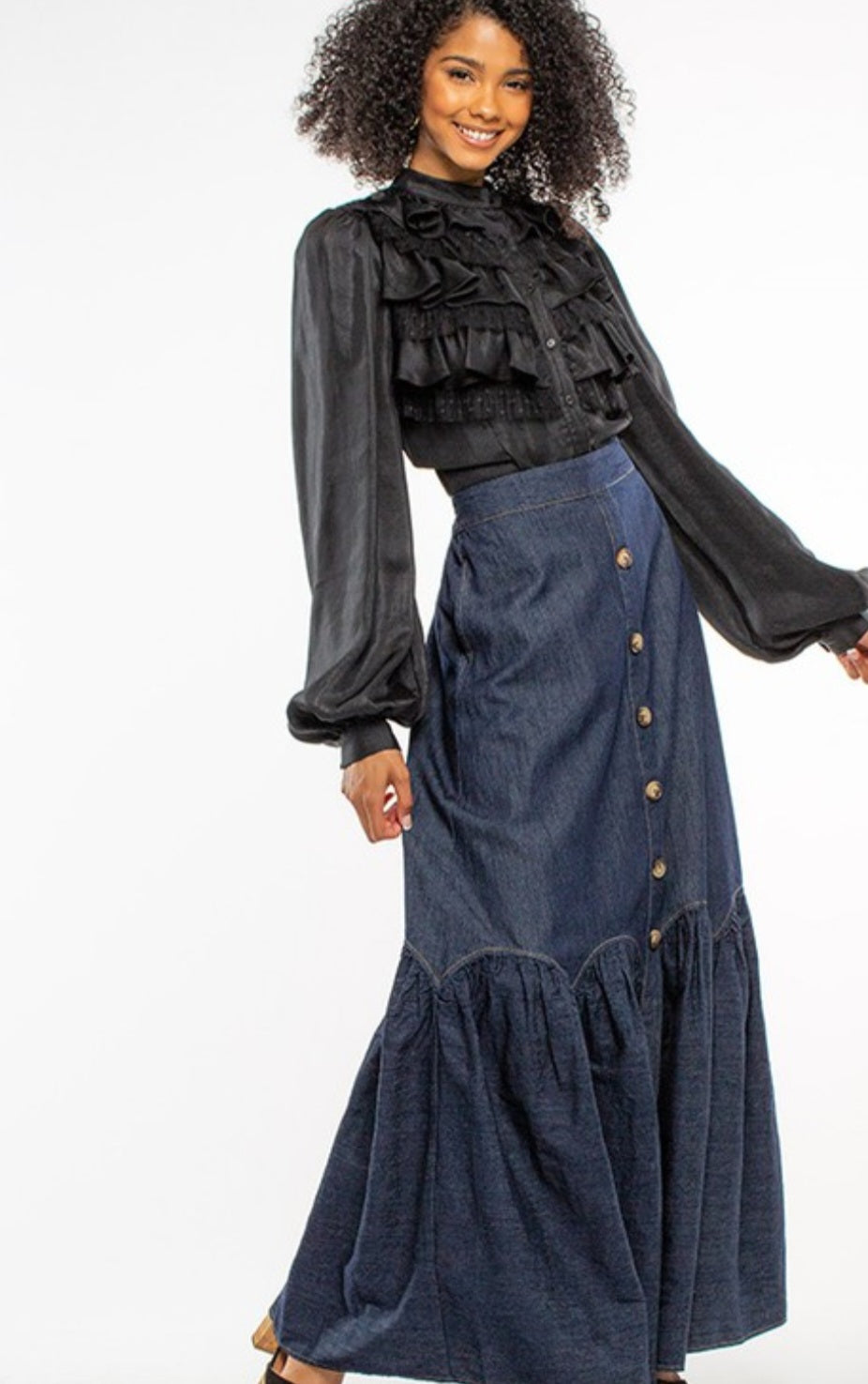 Denim Maxi Skirt W/Round Ruffles Skirts Double C Western Supply