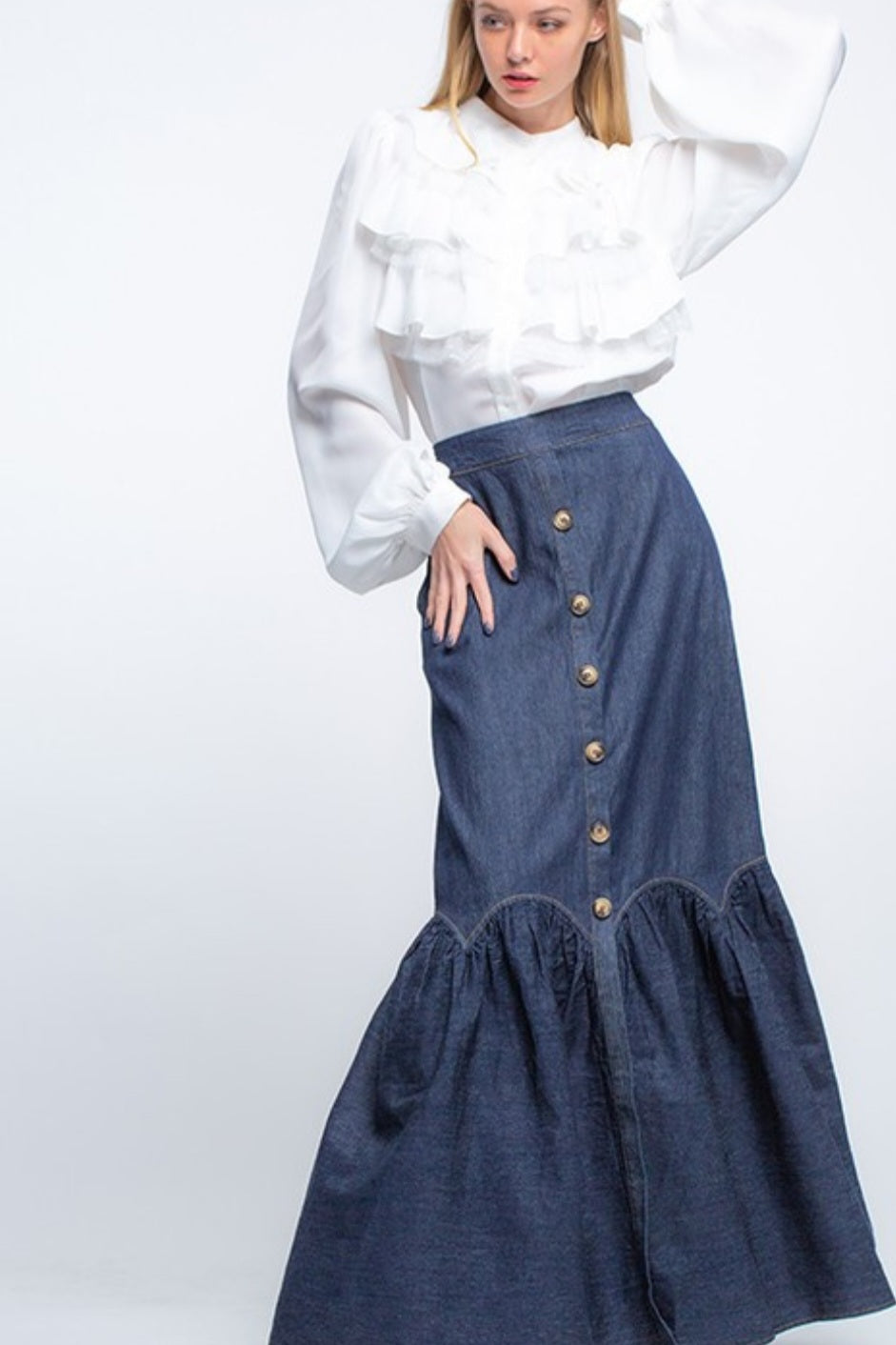 Denim Maxi Skirt W/Round Ruffles Skirts Double C Western Supply