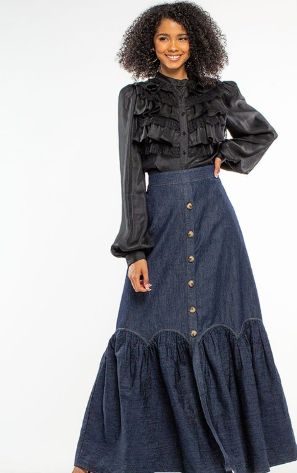 Denim Maxi Skirt W/Round Ruffles Skirts Double C Western Supply