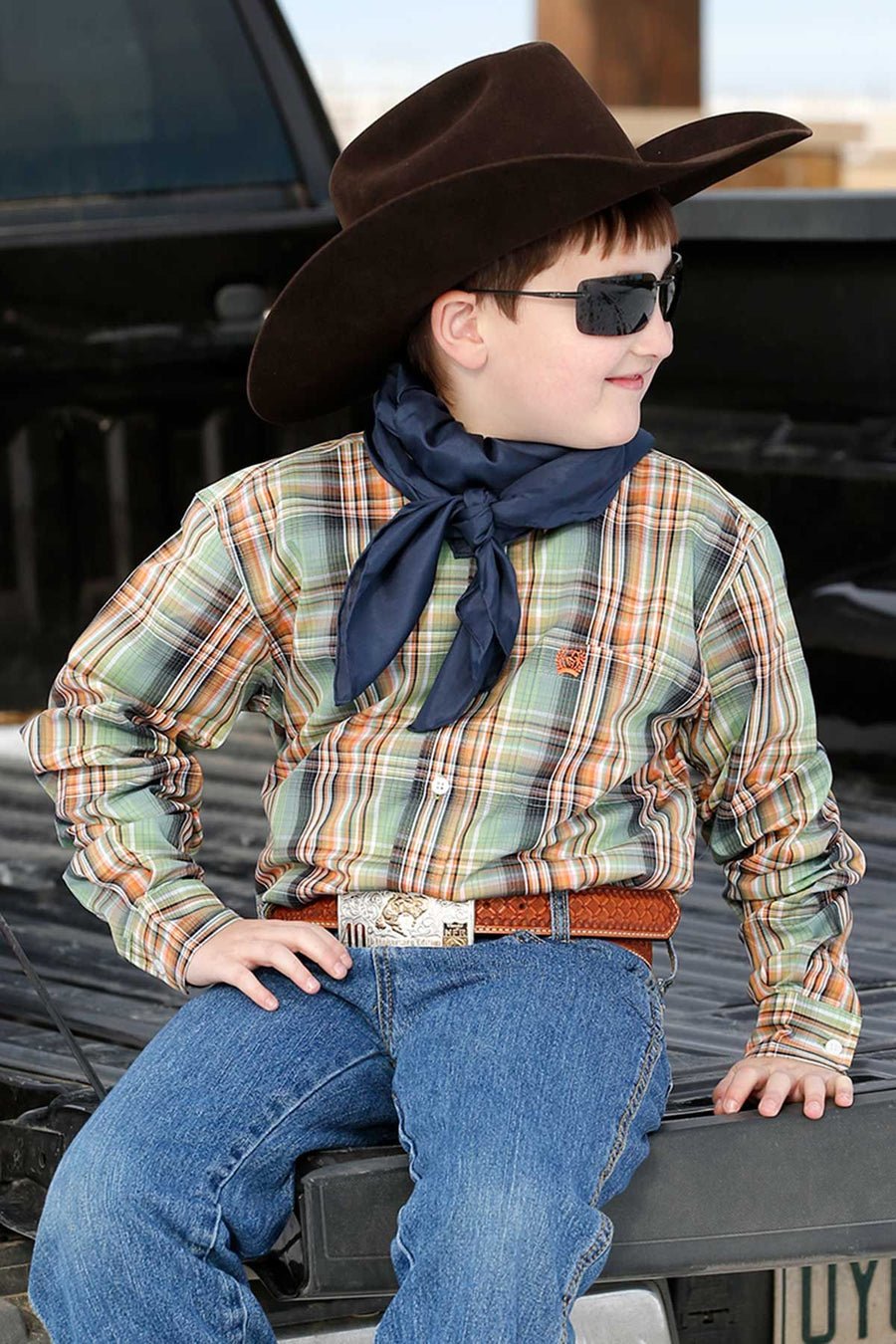 Cinch olive and orange plaid long sleeve - Double C Western SupplyCinch