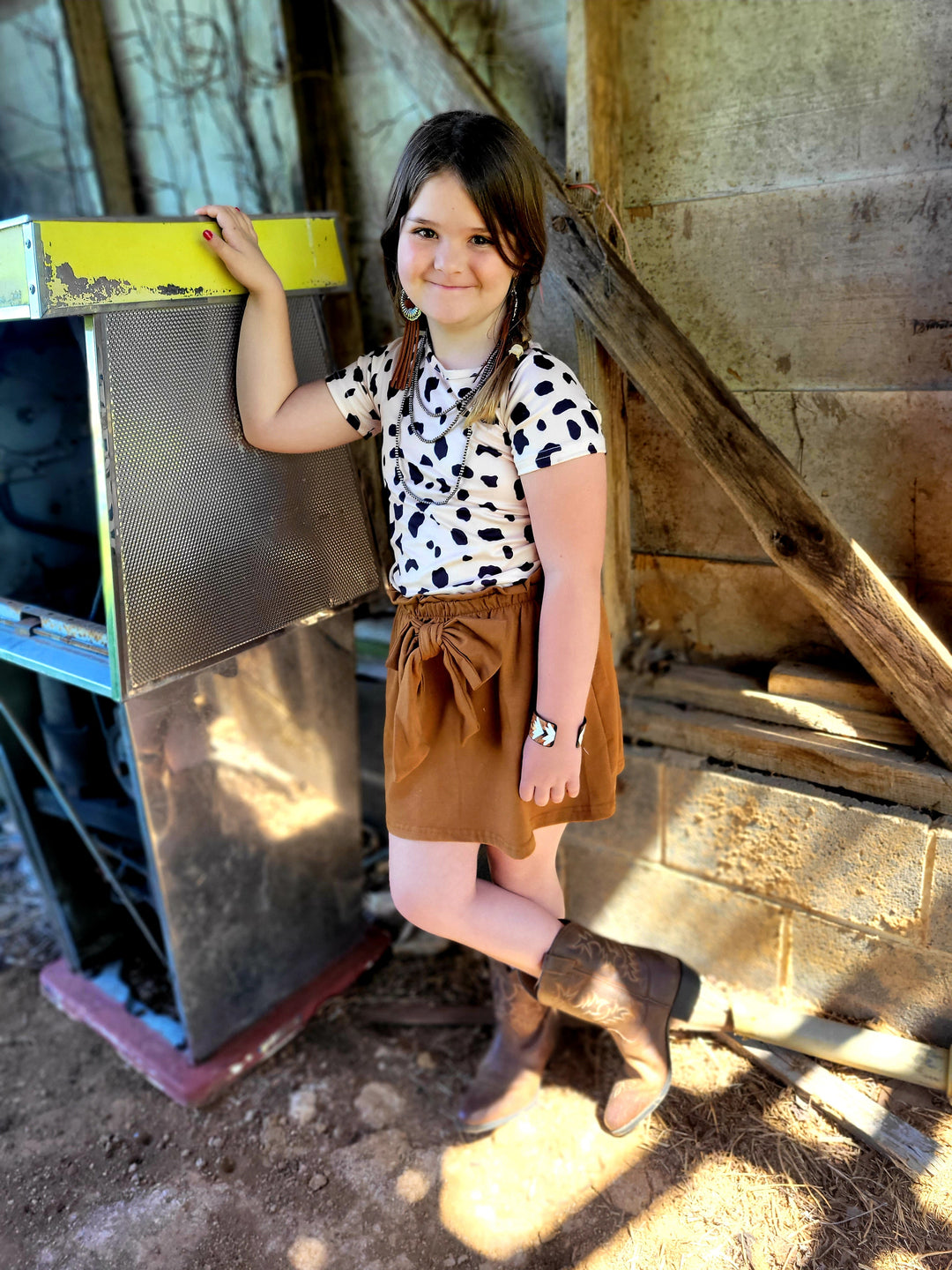 Cow Print Top &amp; Caramel Tie Skirt Set - Double C Western SupplyDouble C Western Supply