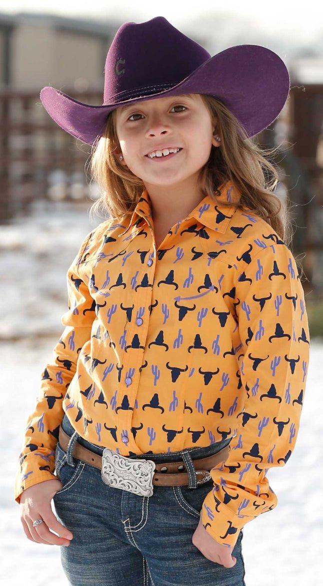 GIRL'S STEER HEAD PRINT WESTERN SHIRT - GOLD - Double C Western SupplyCinch