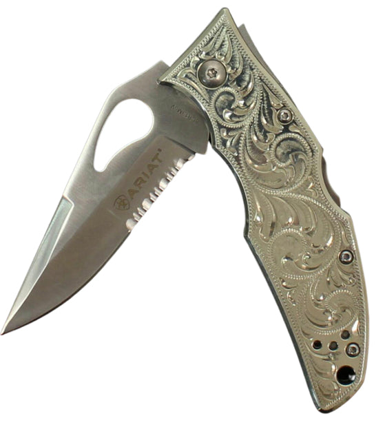 Ariat folding knife Hand engraved silver M Ariat