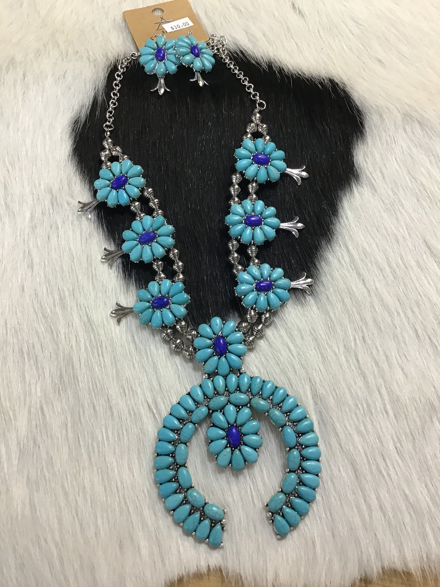 Turquoise And Blue Stone Squash Blossom Necklace And Earring Set
