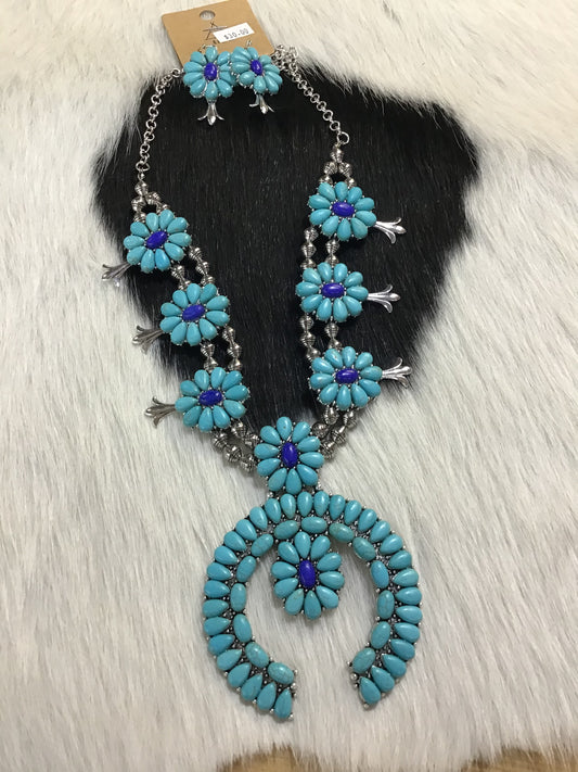 Turquoise And Blue Stone Squash Blossom Necklace And Earring Set Double C Western Supply