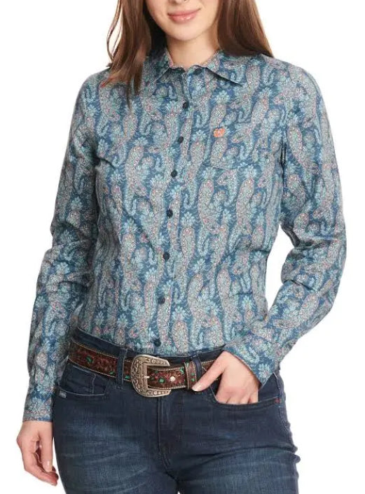 Cinch Women's Blue with Coral and Turquoise Paisley Print Cinch