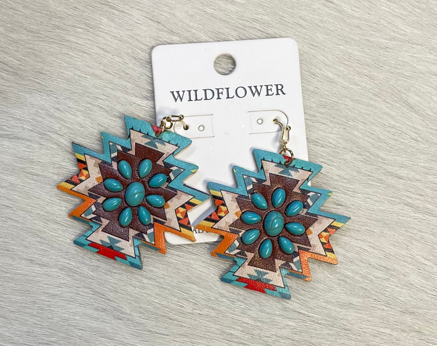 Aztec Leather Earring Earrings Turquoise Multi Double C Western Supply