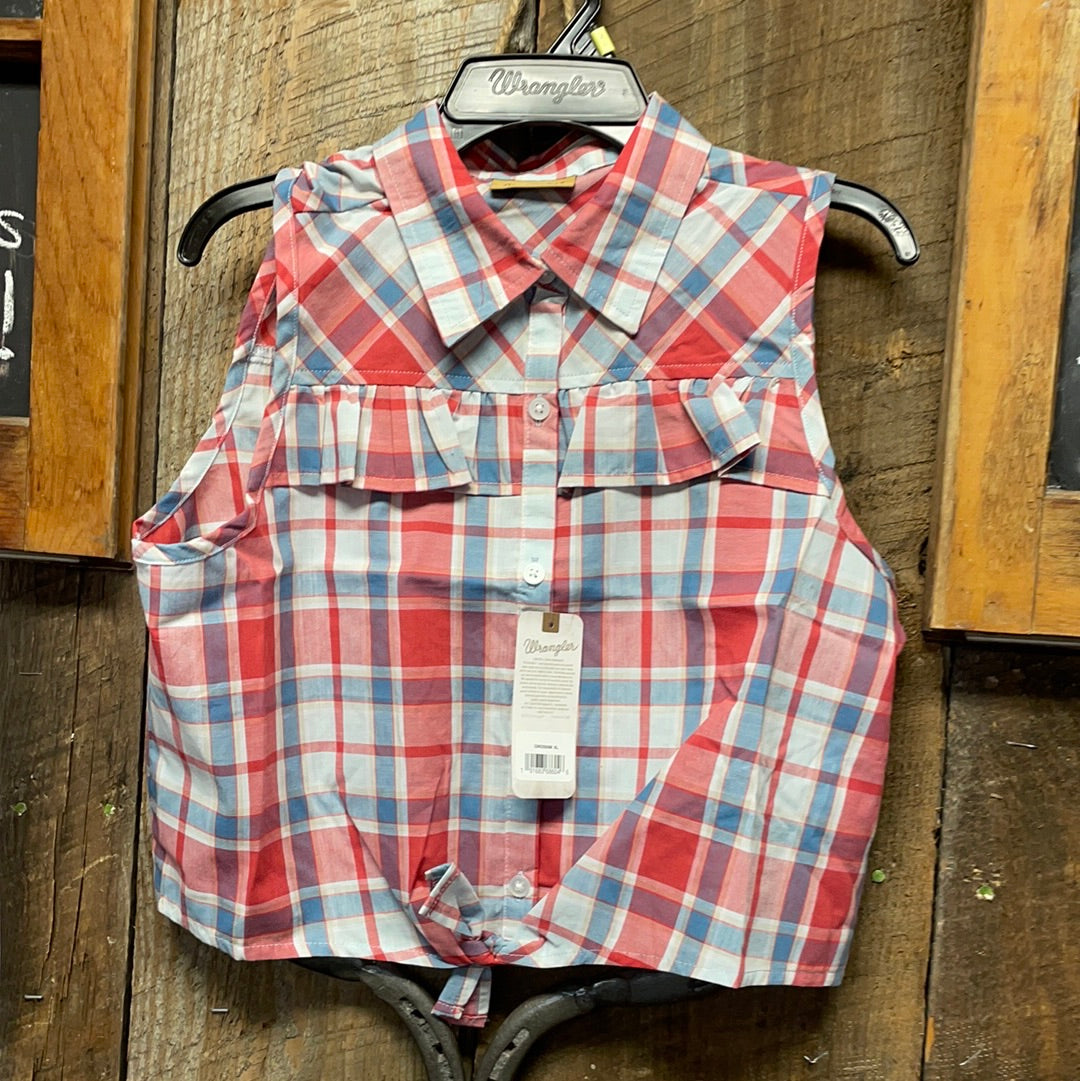 GIRL'S SLEEVELESS RUFFLE YOKE BUTTON-DOWN PLAID SHIRT IN MULTI 60% off mom dad grads Double C Western Supply