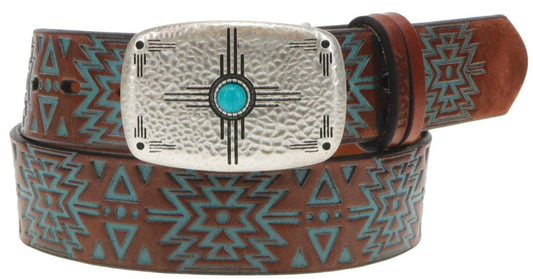 DAKOTA" ORIGINAL HOOEY LADIES BELT BROWN/TURQUOISE W/AZTEC Hooey