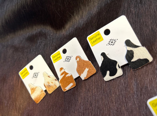 Cowhide, cow tag earrings Double C