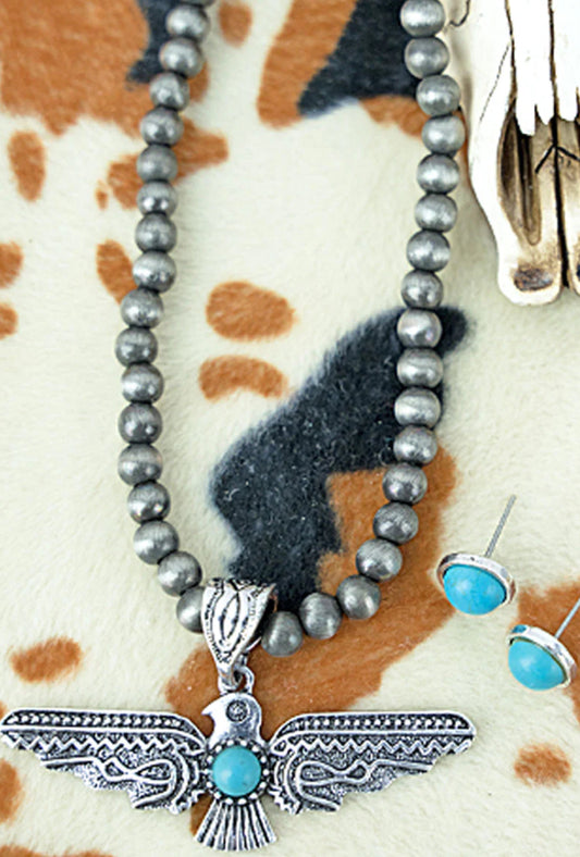 KONA THUNDERBIRD TURQUOISE SILVER PEARL NECKLACE AND EARRING SET Double C Western Supply