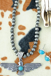 KONA THUNDERBIRD TURQUOISE SILVER PEARL NECKLACE AND EARRING SET
