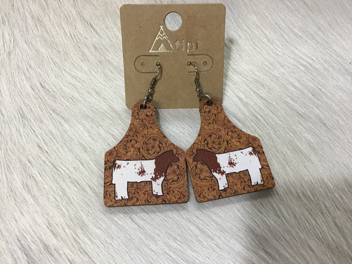 Wood Cow Tag Earrings Double C Western Supply