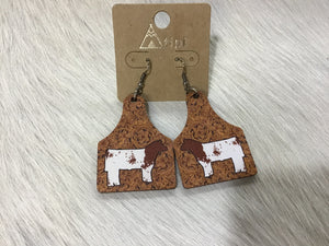 Wood Cow Tag Earrings