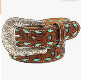 Nocona Boys Floral Tooled Belt with Turquoise Underlay and Buckstitch