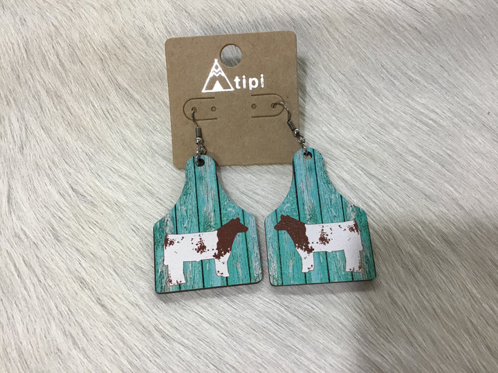 Wood Cow Tag Earrings Double C Western Supply