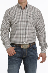 Mens Plaid Button-Down Western Shirt - Khaki/White